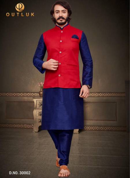Red Colour Exclusive Art Silk Festive Wear Kurta Pajama With Jacket Mens Collection 30002